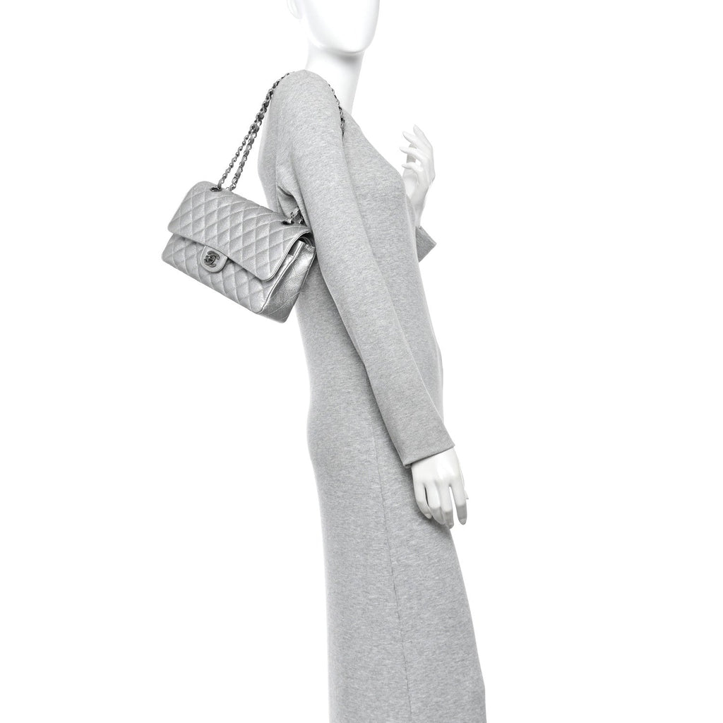 Metallic Caviar Quilted Medium Double Flap Silvery
