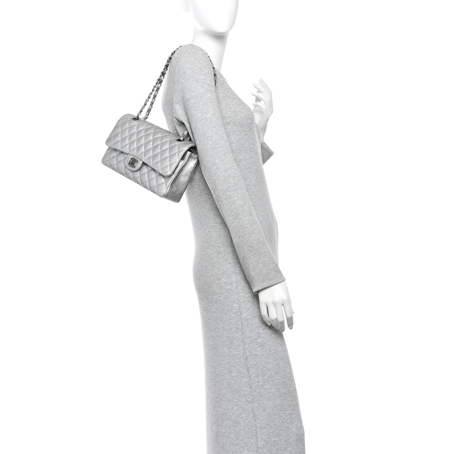 Metallic Caviar Quilted Medium Double Flap Silvery