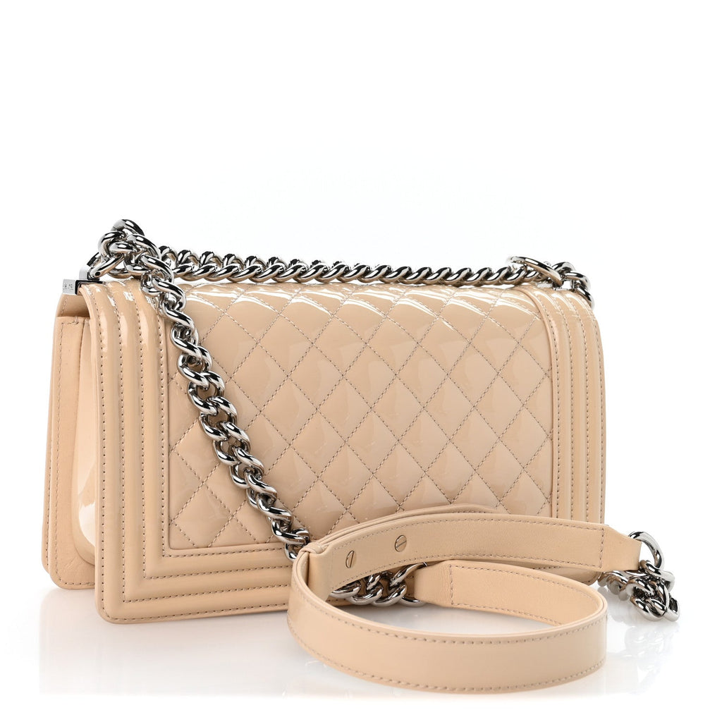 Patent Calfskin Quilted Medium Plexiglass Boy Flap Beige