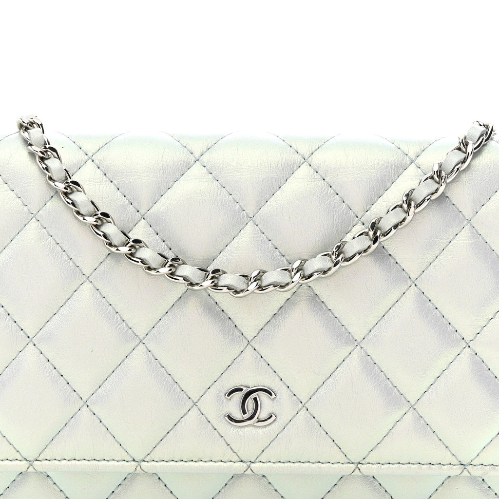 Iridescent Calfskin Quilted Wallet On Chain WOC Light Blue