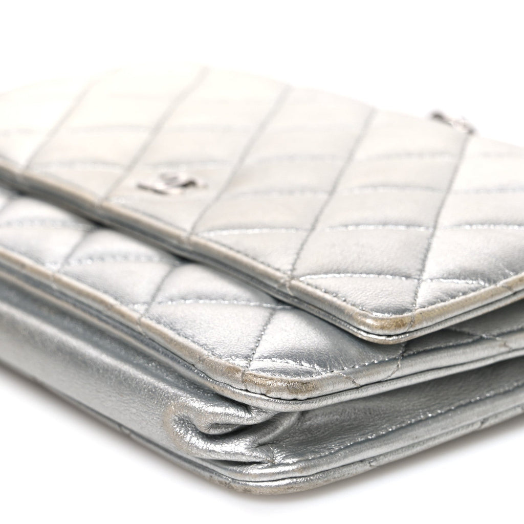 Metallic Lambskin Quilted Wallet On Chain WOC Silver