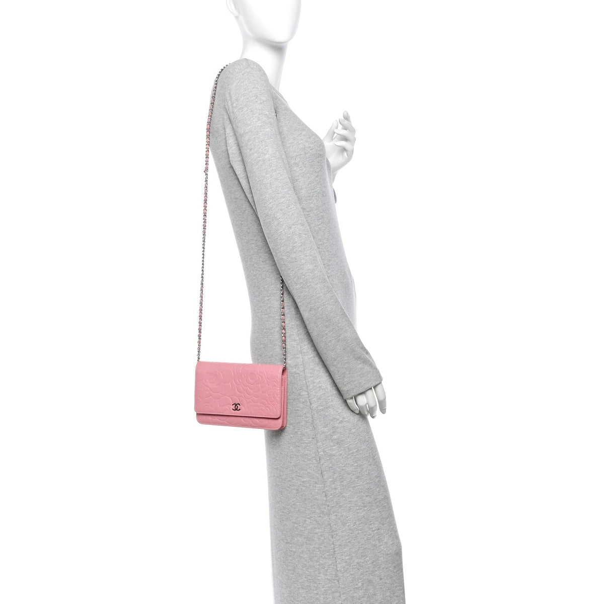 Lambskin Camellia Embossed Wallet on Chain WOC Pink