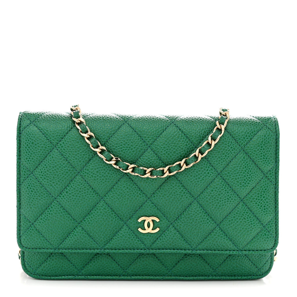 Metallic Caviar Quilted Wallet On Chain WOC Green