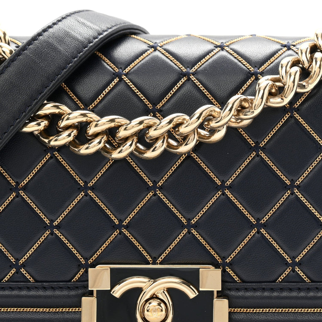 Lambskin Chain Quilted Small Boy Flap Navy