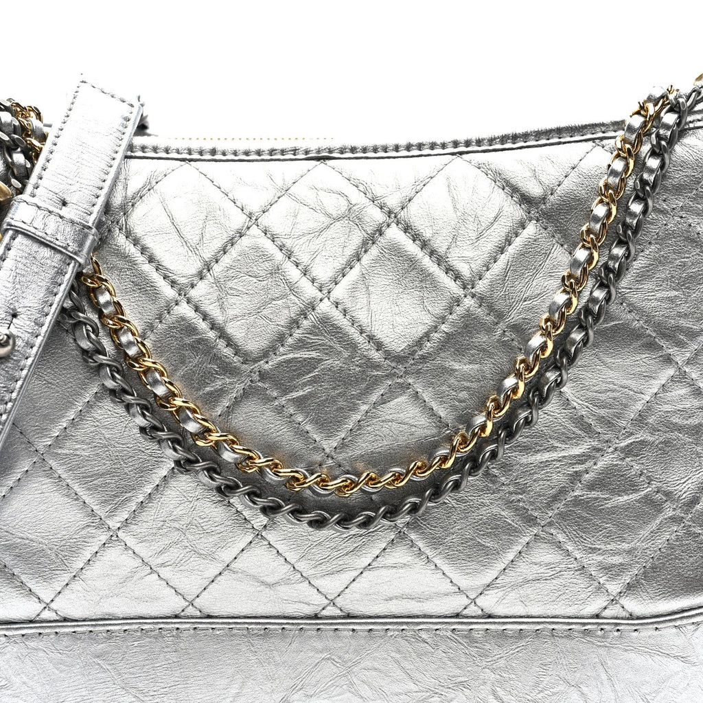Metallic Lambskin Calfskin Quilted Medium Gabrielle Hobo Silver