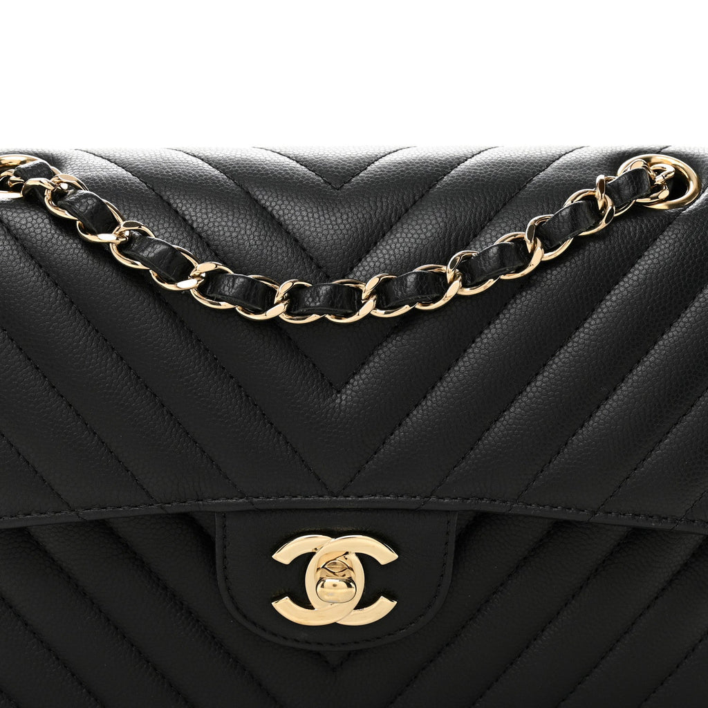 Caviar Flat Chevron Quilted Small Double Flap Black