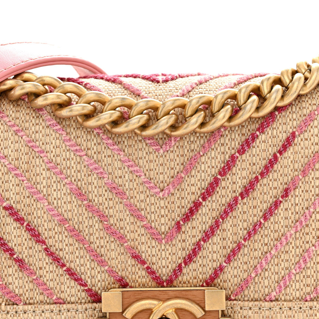 Raffia Chevron Quilted Small Boy Flap Beige Pink