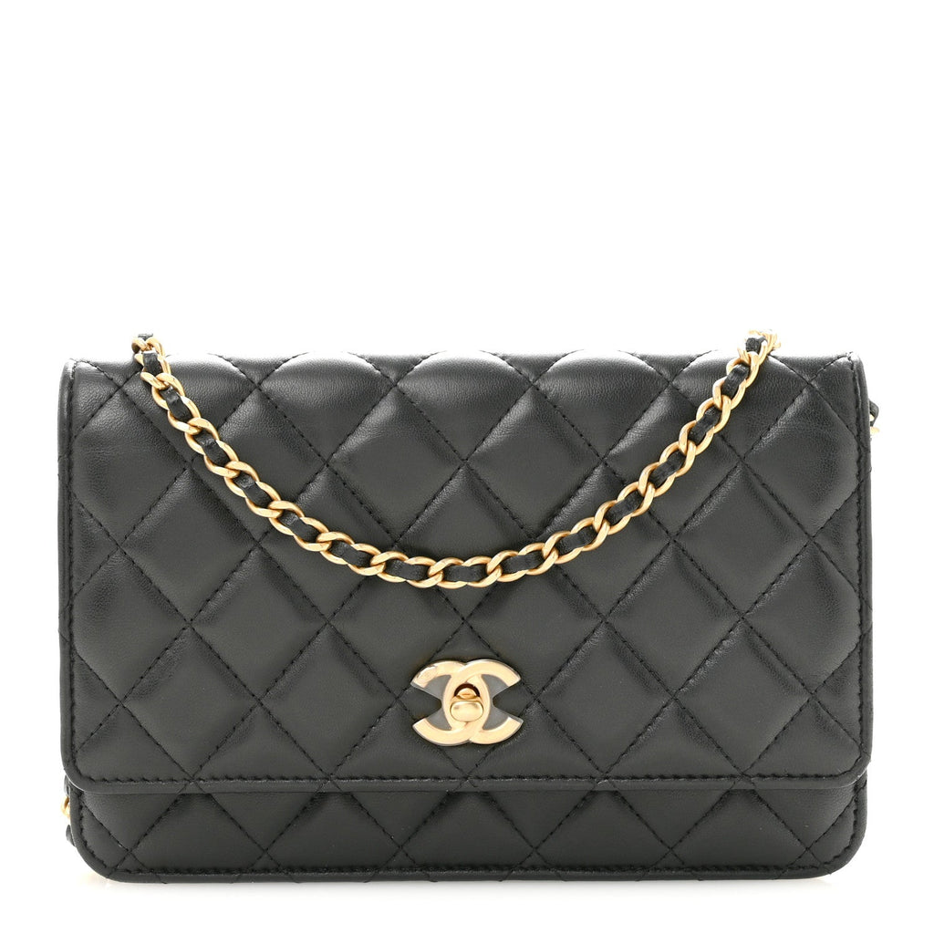 Lambskin Quilted CC Pearl Crush Wallet on Chain WOC Black