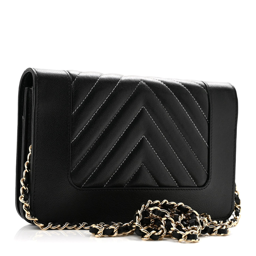 Caviar Sheepskin Chevron Quilted Vintage Mademoiselle Wallet On Chain WOC Black