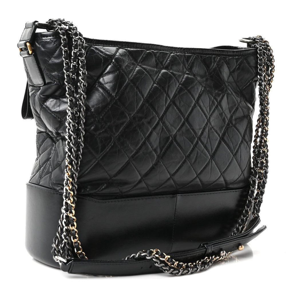 Aged Calfskin Quilted Large Gabrielle Hobo Black