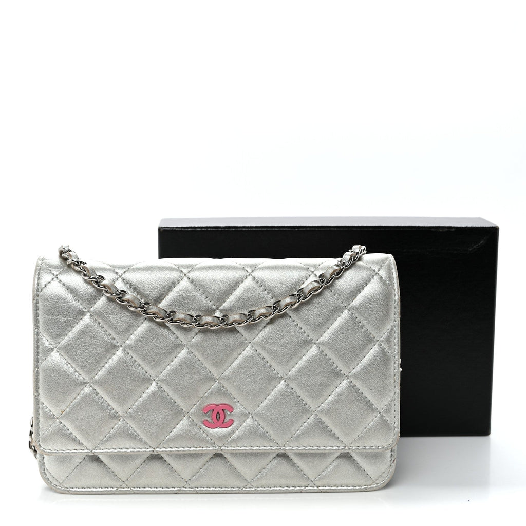 Metallic Lambskin Quilted Wallet On Chain WOC Silver