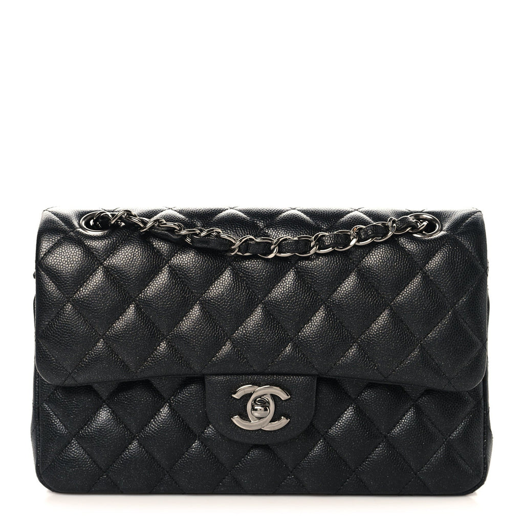 Iridescent Caviar Quilted Small Double Flap Black