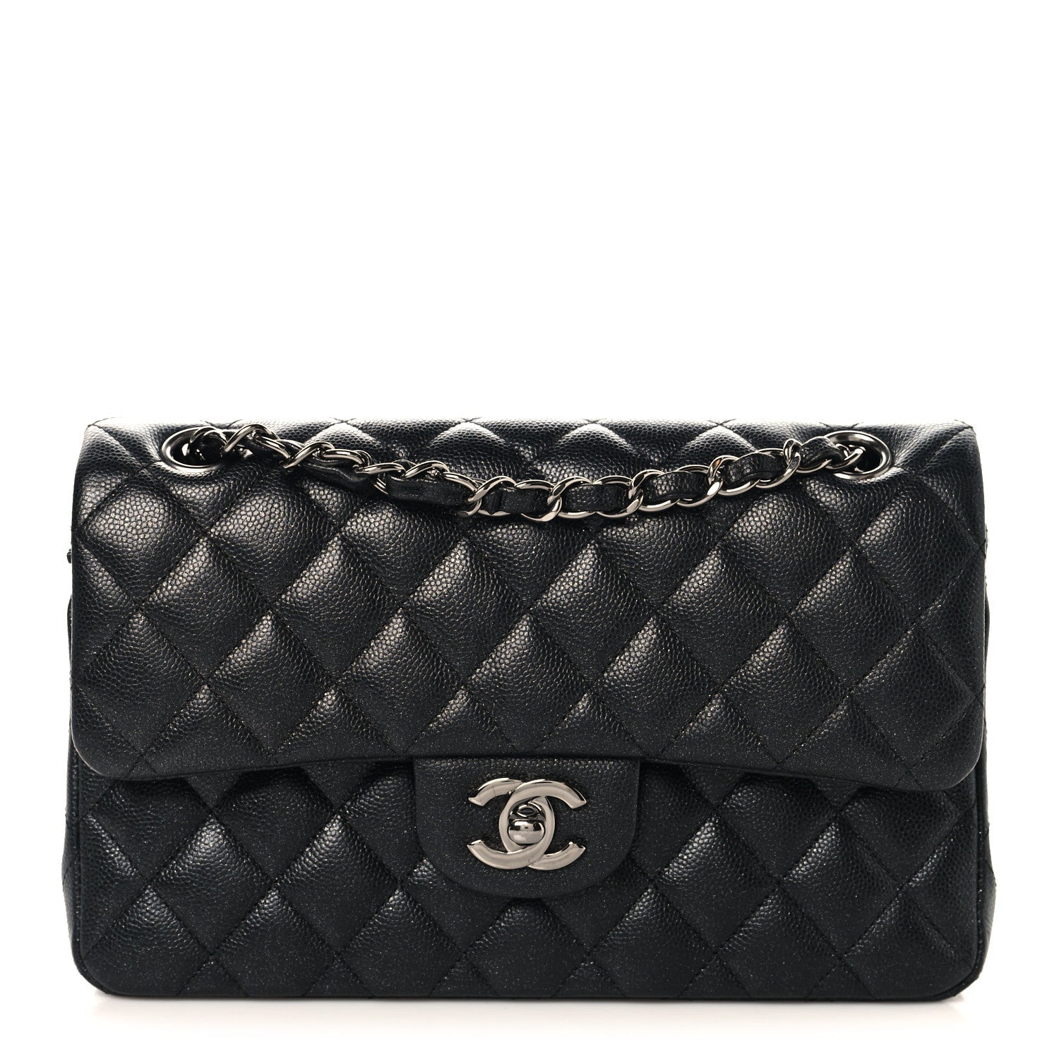 Iridescent Caviar Quilted Small Double Flap Black