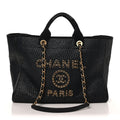 Straw Raffia Calfskin Chain Medium Deauville Tote Black
