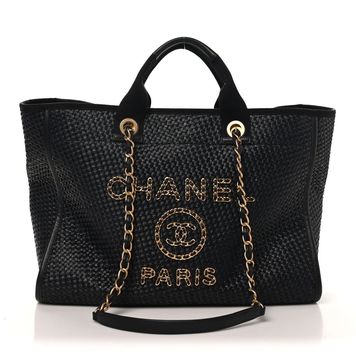 Straw Raffia Calfskin Chain Medium Deauville Tote Black