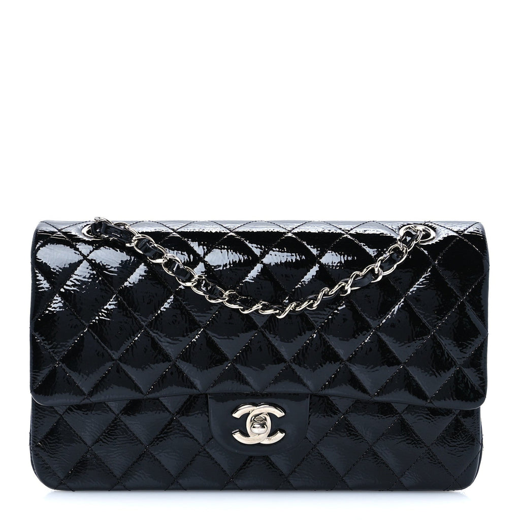 Distressed Patent Quilted Medium Double Flap Black