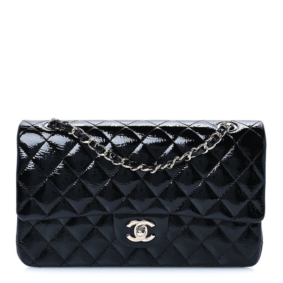 Distressed Patent Quilted Medium Double Flap Black