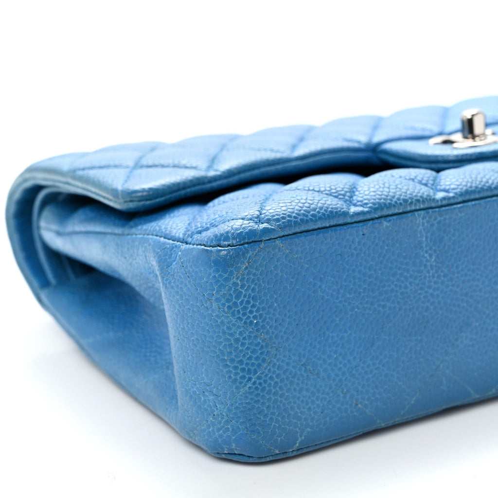 Iridescent Caviar Quilted Medium Double Flap Blue