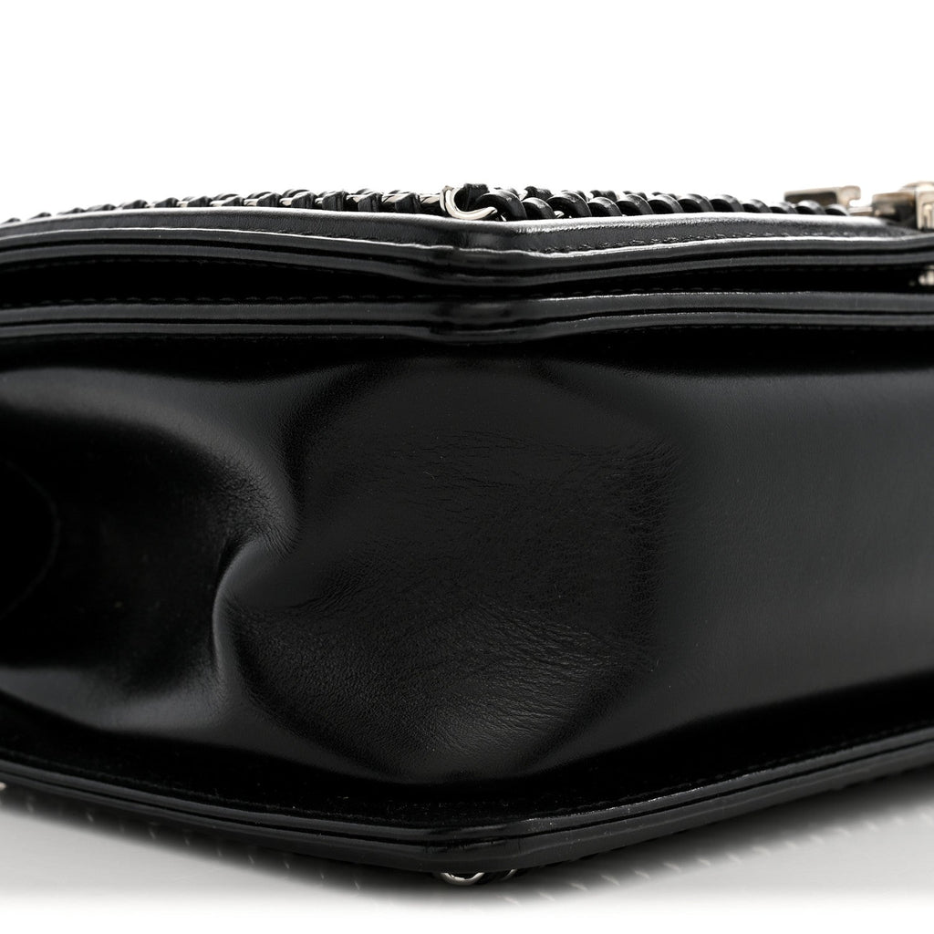 Glazed Calfskin Quilted Medium Chain Around Boy Flap Black