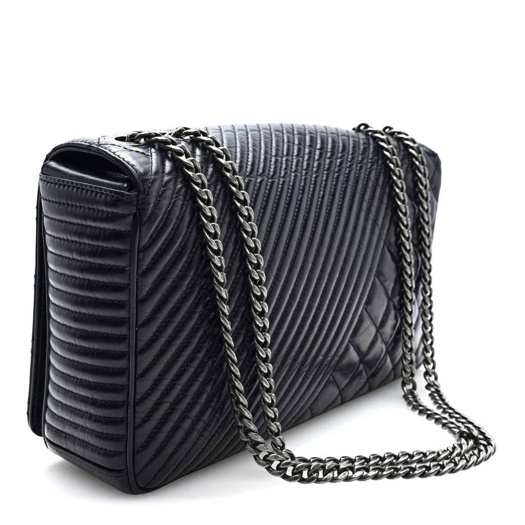 Glazed Calfskin Quilted Large Coco Boy Flap Black