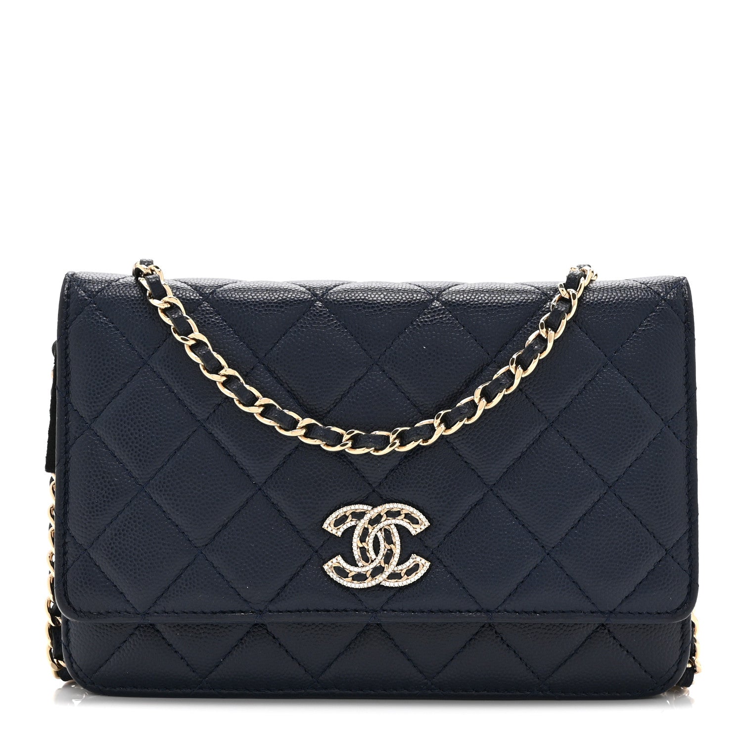 Caviar Quilted Crystal CC Wallet On Chain WOC Navy