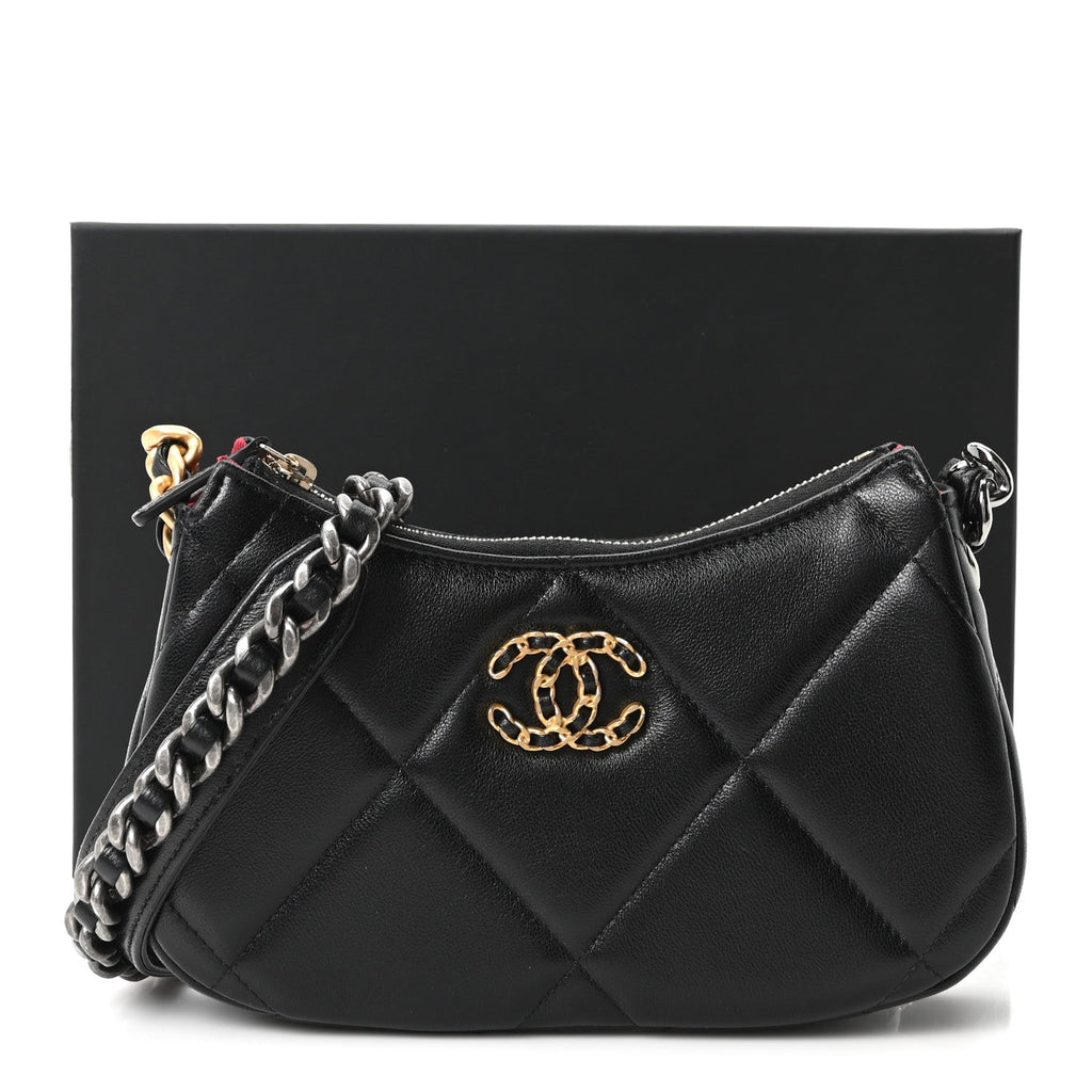 Lambskin Quilted Chanel 19 Hobo Clutch With Chain Black