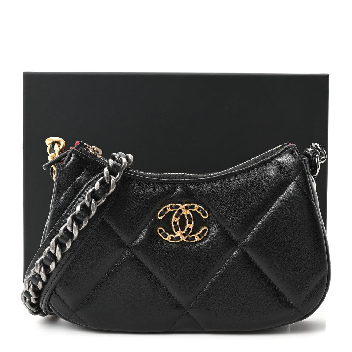 Lambskin Quilted Chanel 19 Hobo Clutch With Chain Black