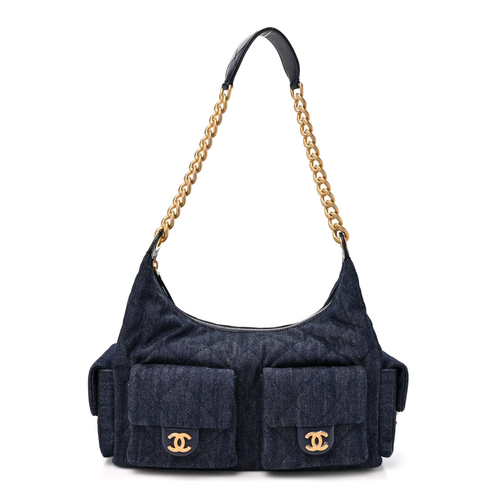 Washed Denim Quilted Large Trendy Pockets Hobo Dark Blue
