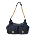 Washed Denim Quilted Large Trendy Pockets Hobo Dark Blue