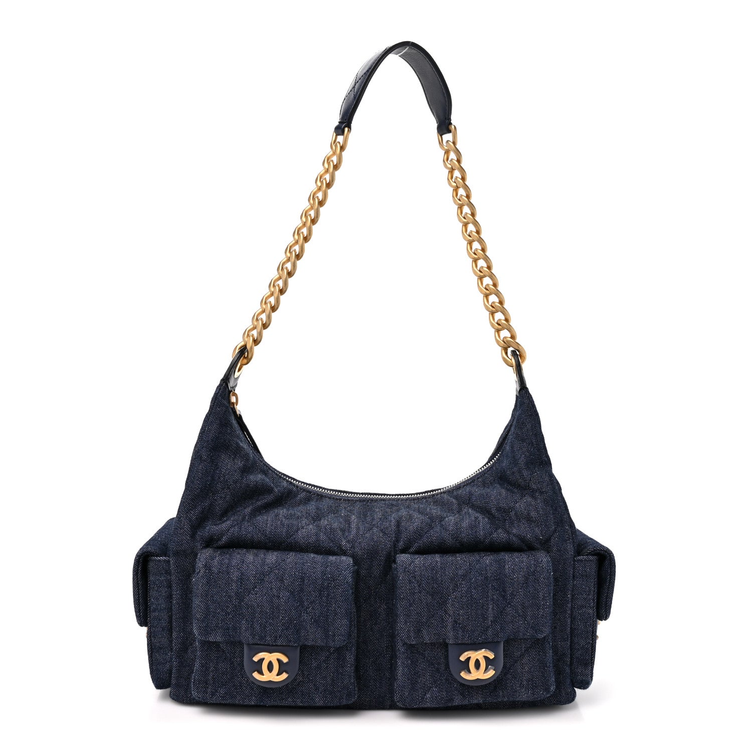 Washed Denim Quilted Large Trendy Pockets Hobo Dark Blue
