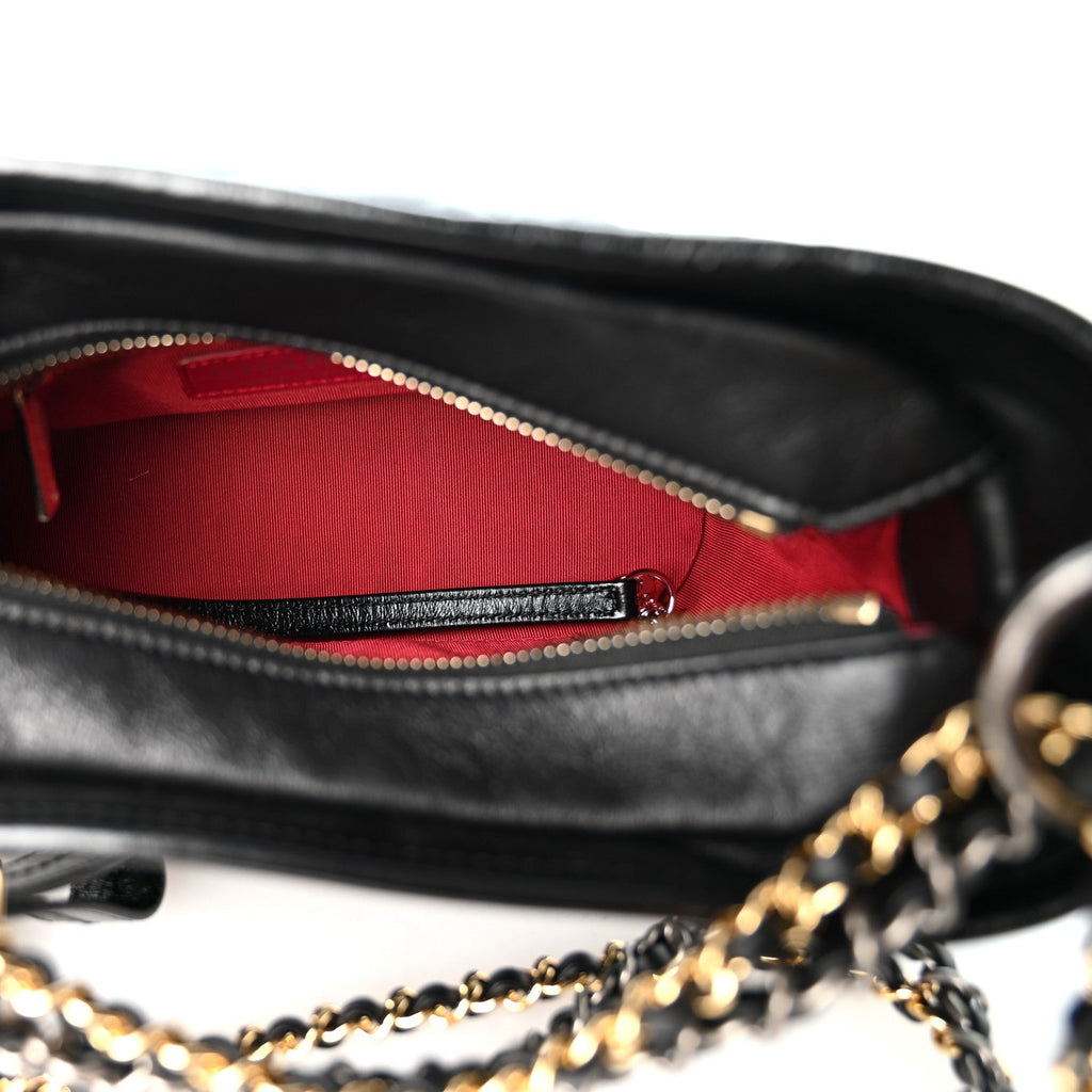 Aged Calfskin Chevron Quilted Small Gabrielle Hobo Black