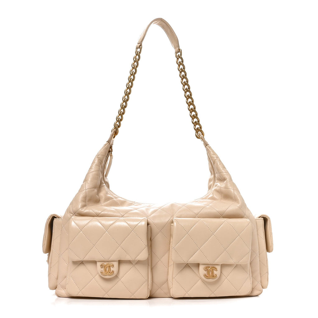 Shiny Lambskin Quilted Maxi Trendy Pockets Hobo Beige