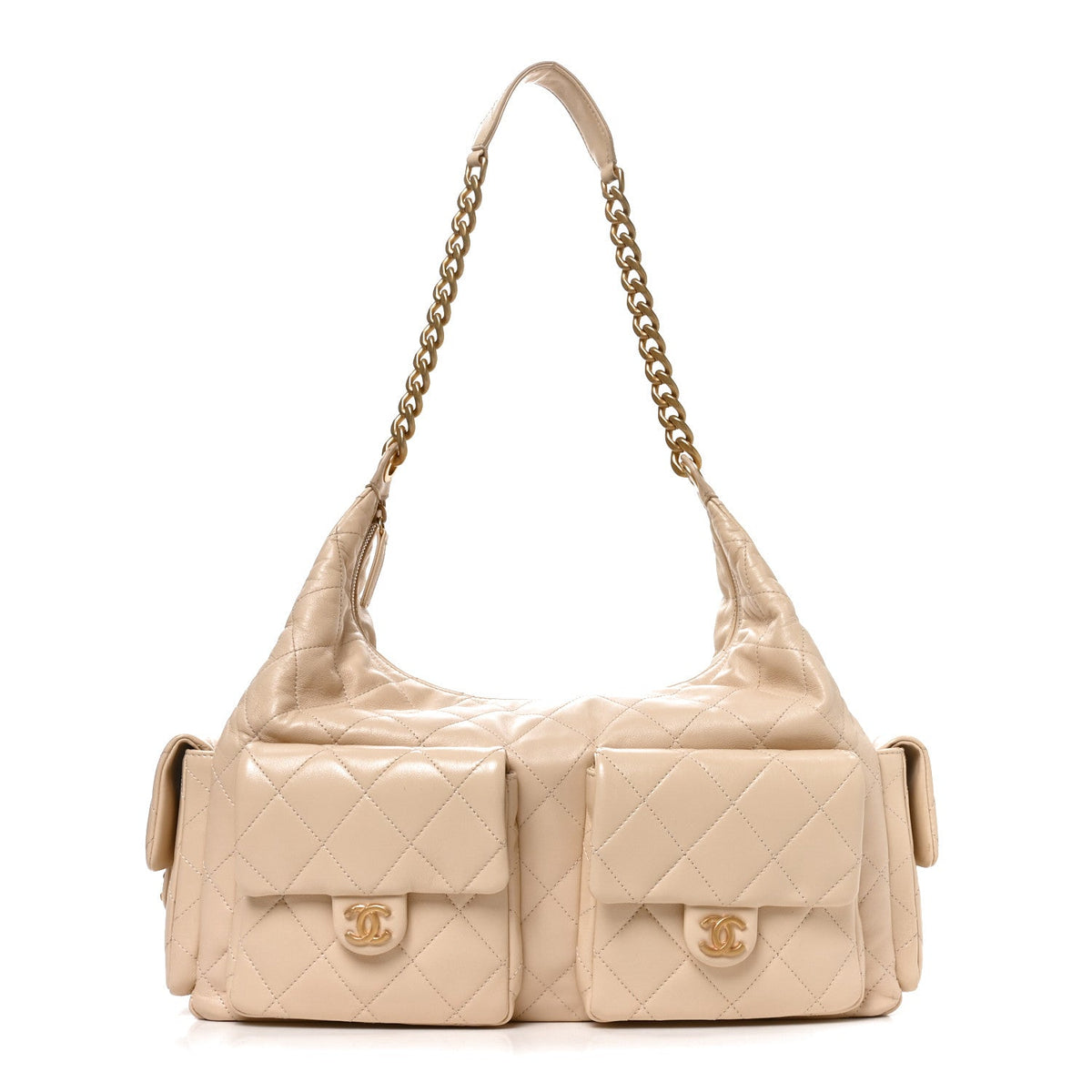 Shiny Lambskin Quilted Maxi Trendy Pockets Hobo Beige