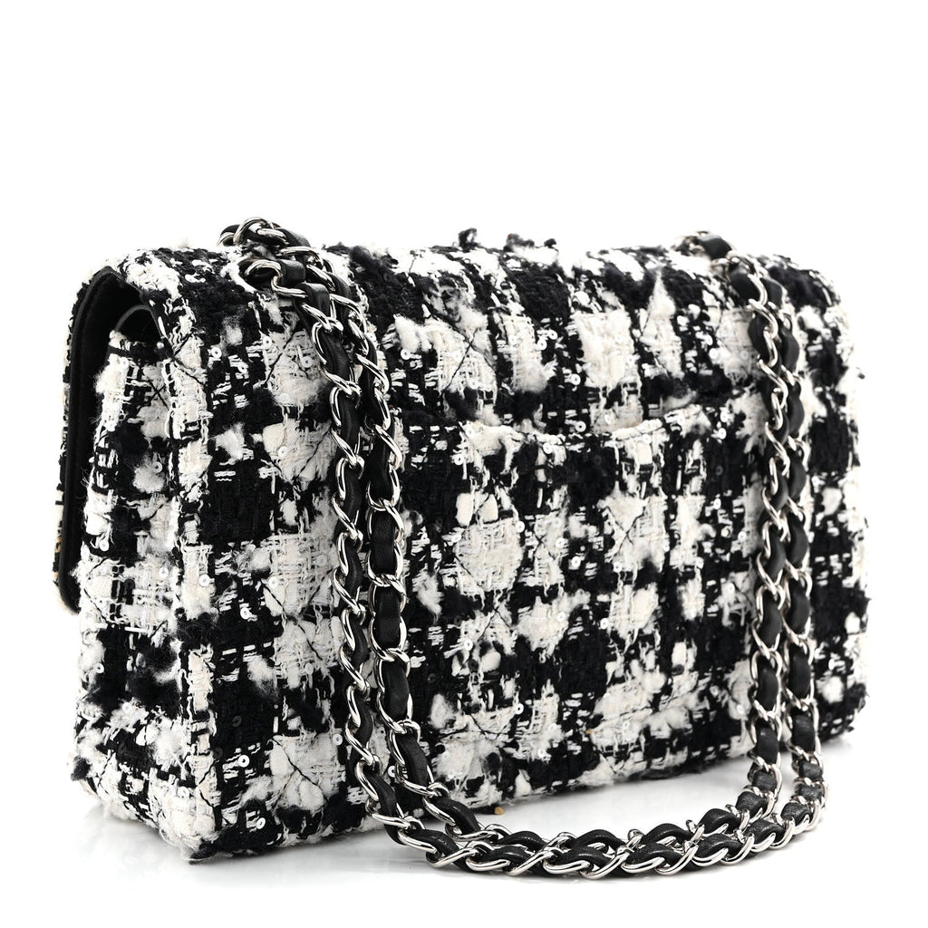 Tweed Sequin Quilted Medium Double Flap Black White
