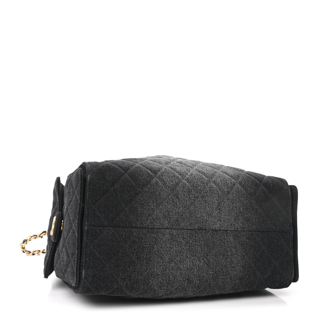 Washed Denim Quilted Medium Chanel 25 Handbag Black