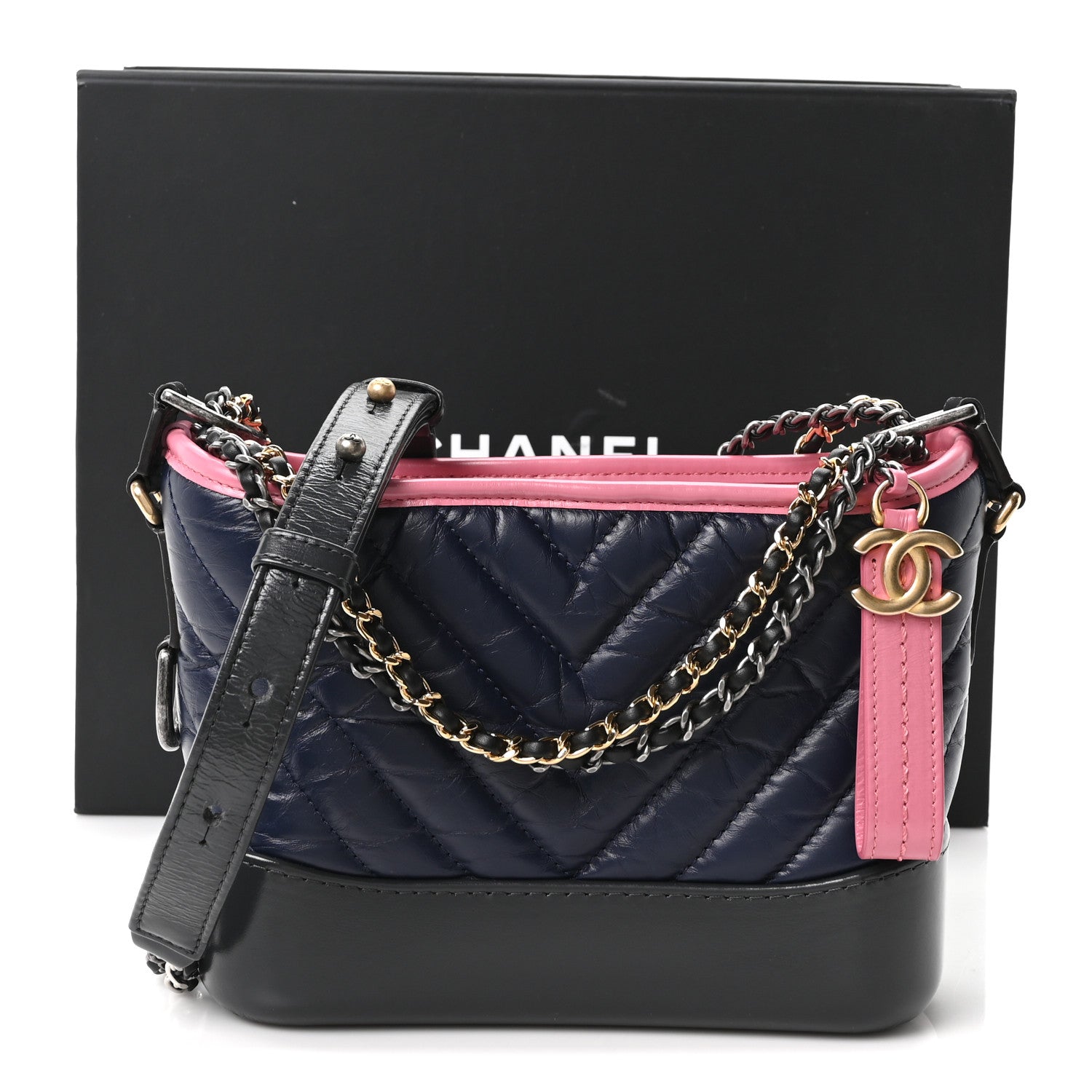 Aged Calfskin Chevron Quilted Small Gabrielle Hobo Dark Pink Navy