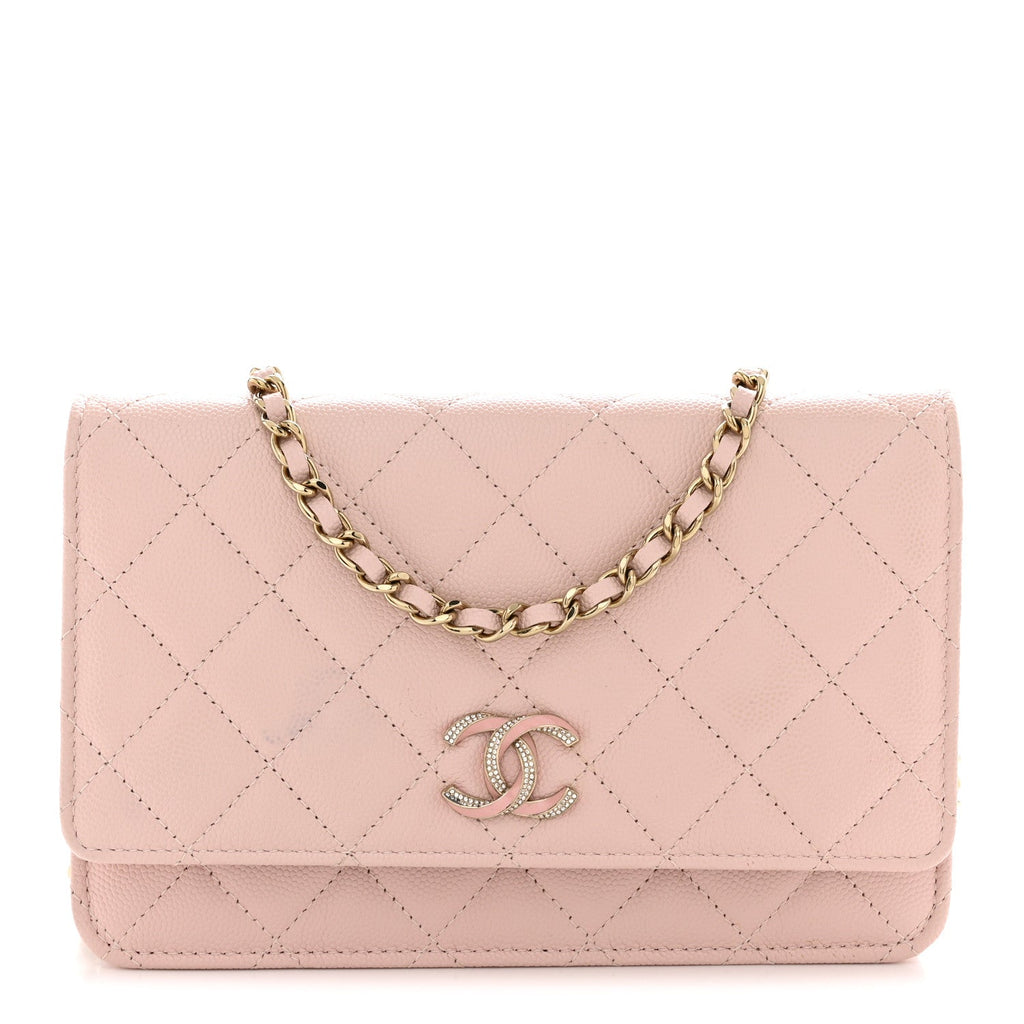 Caviar Quilted Crystal Enamel CC Wallet On Chain WOC Light Pink