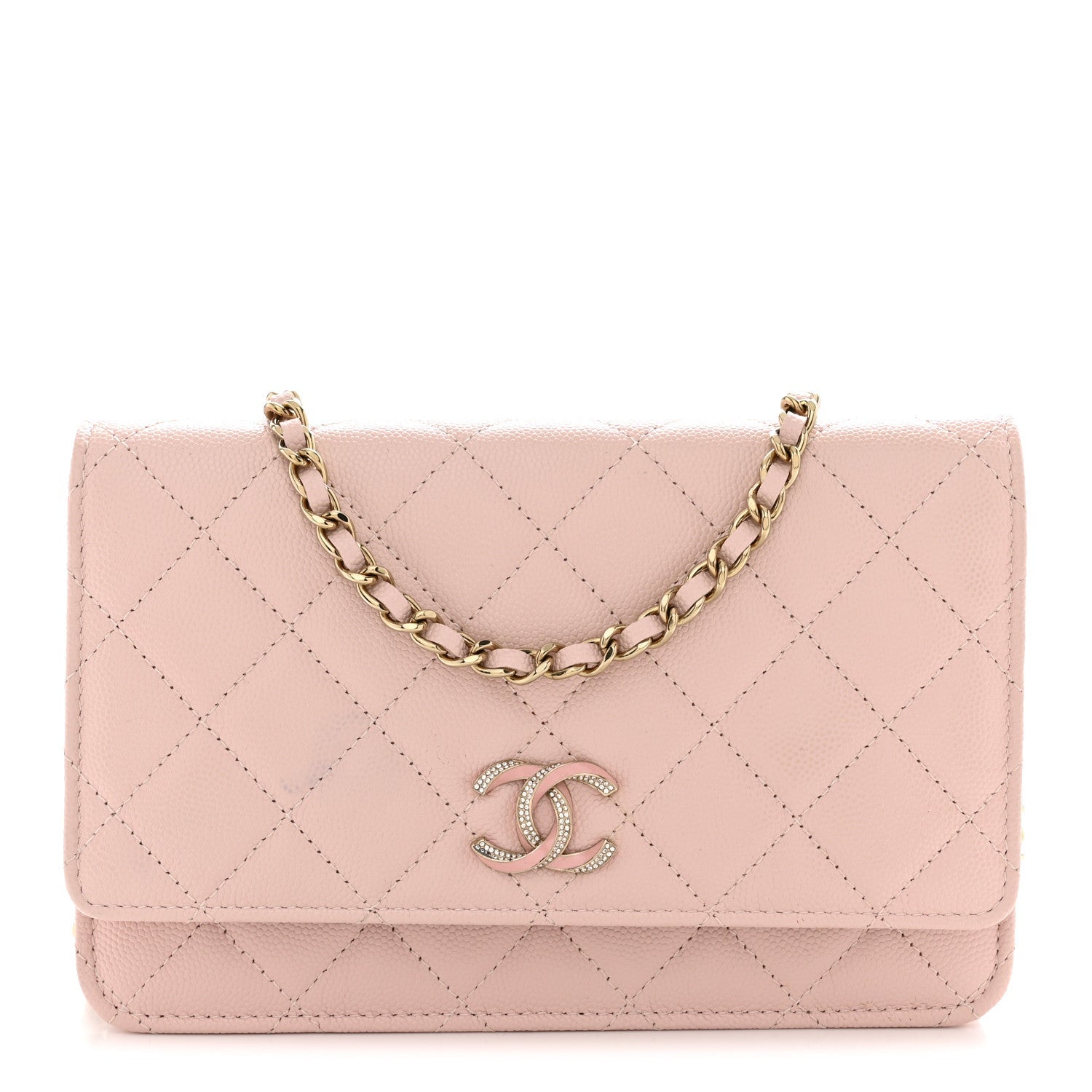 Caviar Quilted Crystal Enamel CC Wallet On Chain WOC Light Pink
