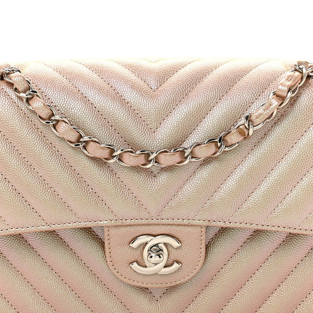 Metallic Caviar Chevron Quilted Medium Double Flap Light Gold