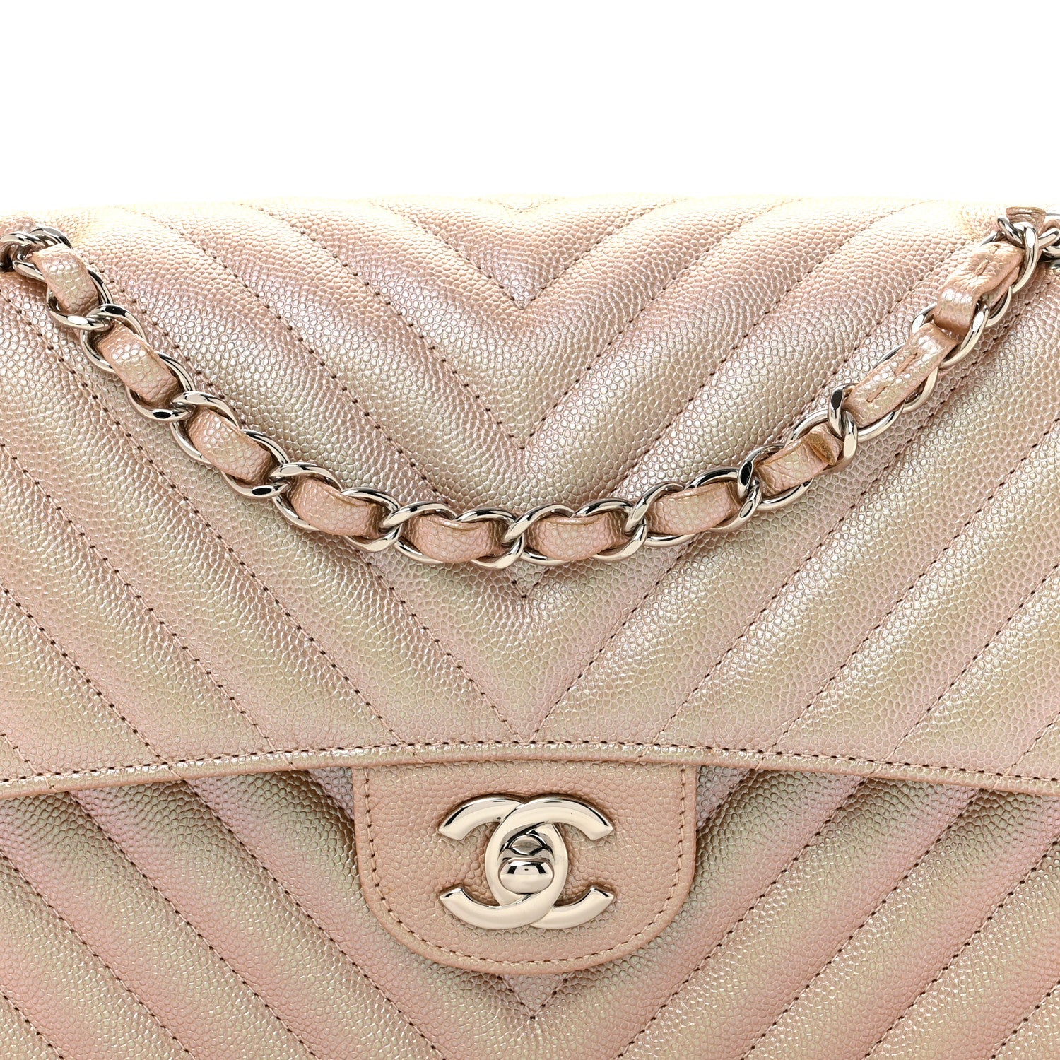 Metallic Caviar Chevron Quilted Medium Double Flap Light Gold