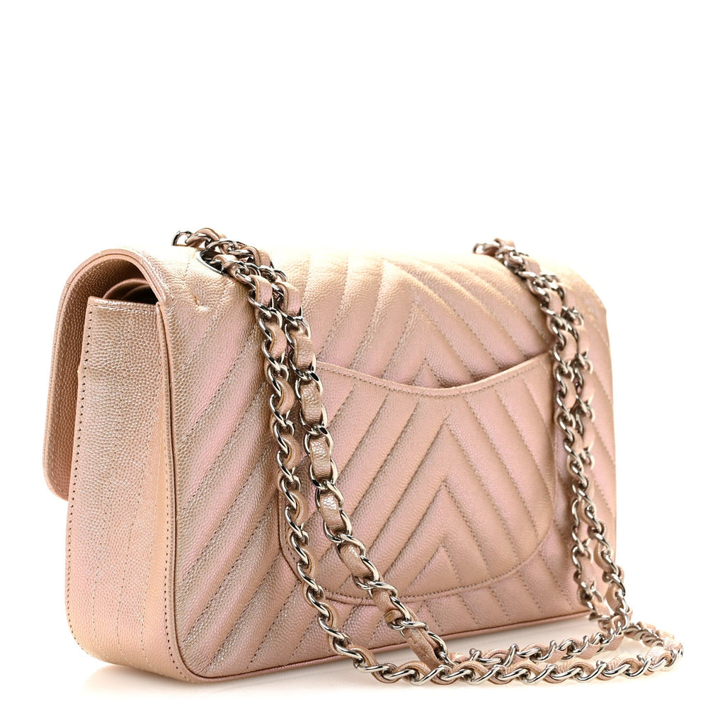 Metallic Caviar Chevron Quilted Medium Double Flap Light Gold