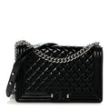 Patent Calfskin Quilted New Medium Plexiglass Boy Flap Black