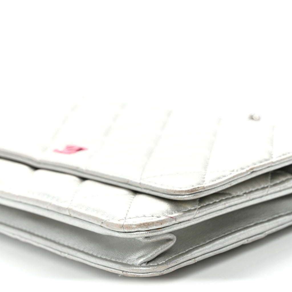 Metallic Lambskin Quilted Wallet On Chain WOC Silver