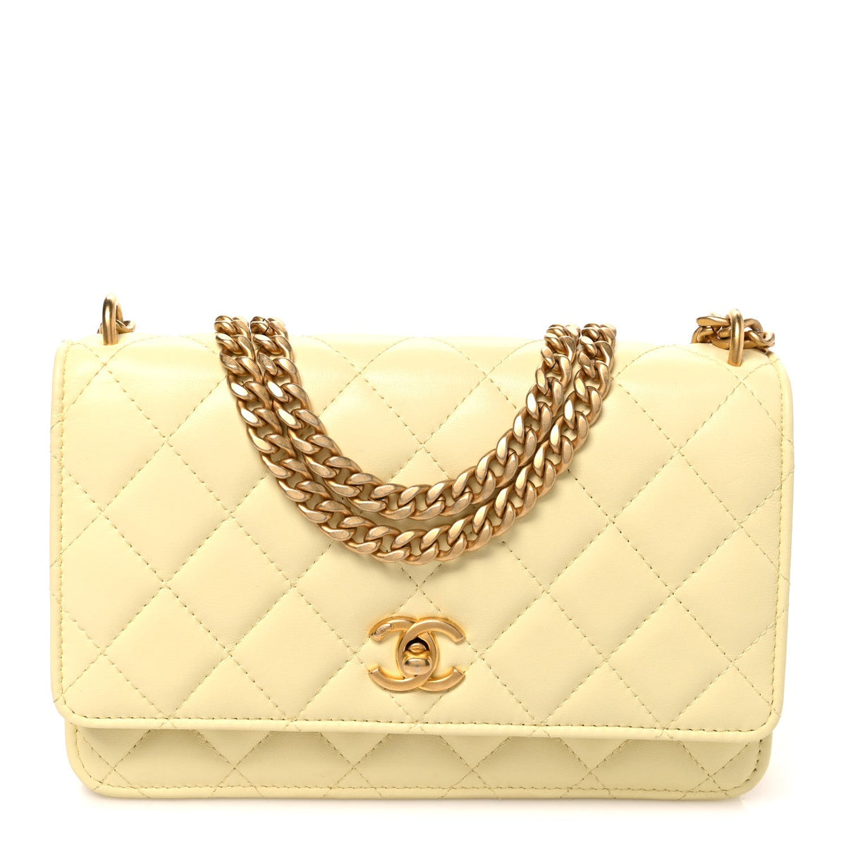 Lambskin Quilted CC Camellia Crush Wallet on Chain WOC Light Yellow