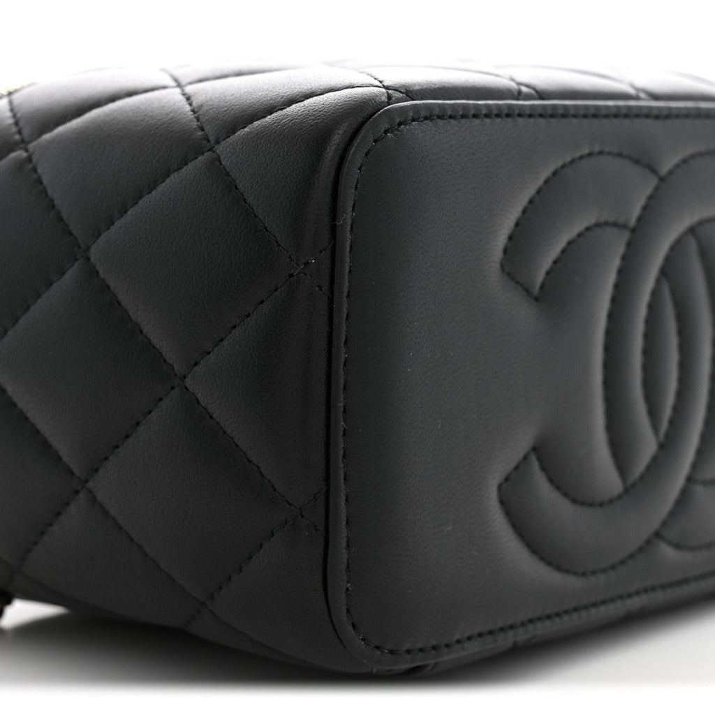 Lambskin Quilted Trendy Small Top Handle Vanity Case With Chain Black