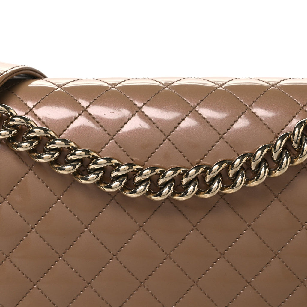 Iridescent Glazed Calfskin Quilted New Medium Boy Flap Dark Beige