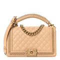 Calfskin Quilted Medium Boy Top Handle Flap Beige