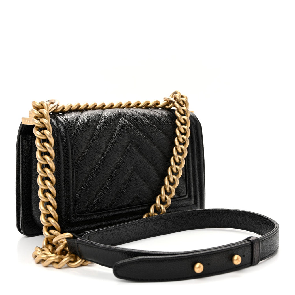 Caviar Chevron Quilted Small Boy Flap Black