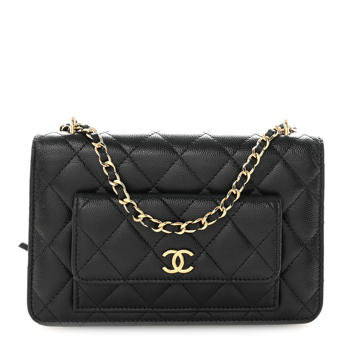 Caviar Quilted Pocket Clutch With Chain WOC Black