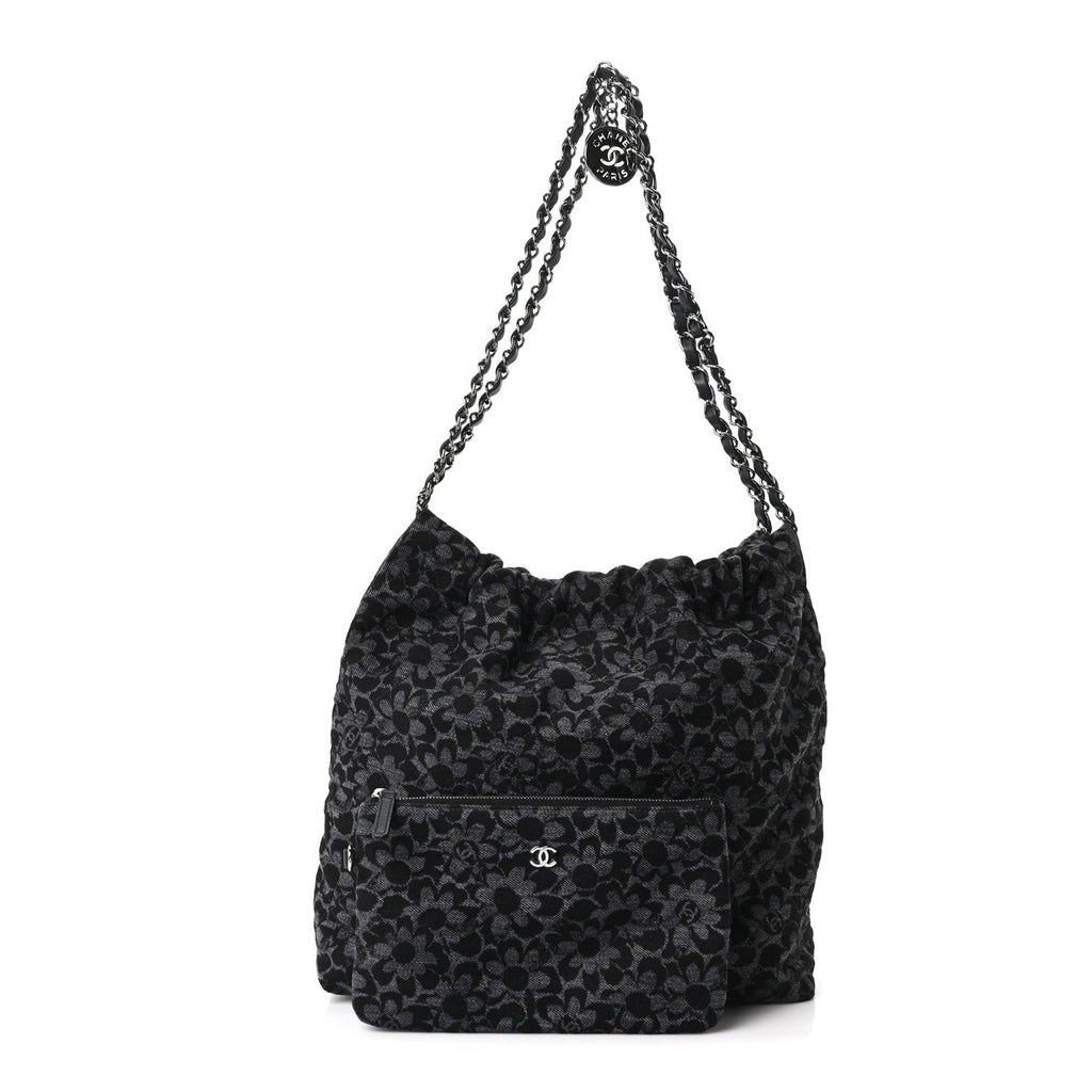 Denim Quilted Floral Print Small Chanel 22 Black